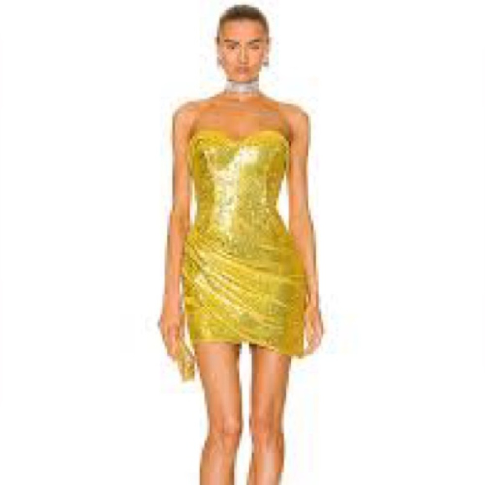 AREA draped sequin yellow dress